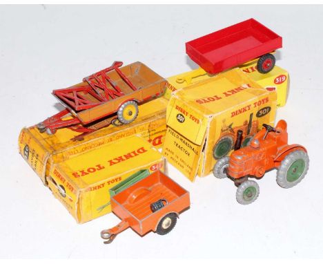 A Dinky Toys playworn farming diecast group, four various examples to include a No. 301 Field Marshall tractor, No. 319 Weeks