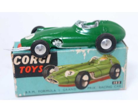 A Corgi Toys No. 152 BRM F1 race car finished in green with racing No. 1 and spun hubs, housed in the original blue ground al