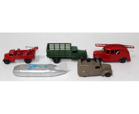 Five various loose Dinky Toy vehicles, mixed subjects to include a No. 29F fire engine, a loudspeaker van, a stake truck fini