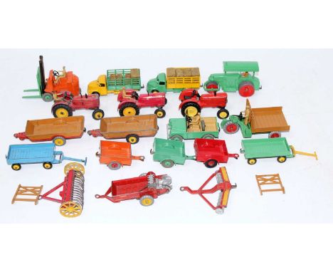 A collection of loose playworn and repainted Dinky Toy farming interest diecasts, mixed examples to include Massey Harris tra