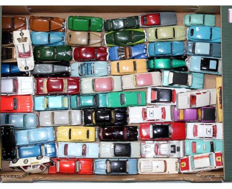 55+ various playworn and repainted and also original Dinky Toy, Corgi Toy, and other vintage diecast saloons to include a Din