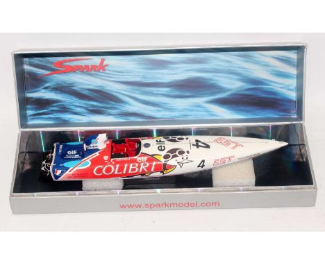 A Spark Models 1/43 scale model of a Calibri Off-Shore Motorboat model No. S2302, comprising of white, red and blue livery wi