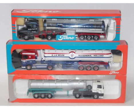 A Tekno 1/50 scale road haulage diecast group to include an Atchison Topeke Scania T-cab with tanker trailer together with a 