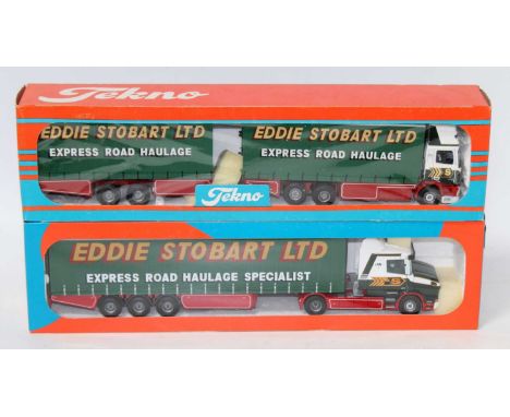 A Tekno 1/50 scale Eddie Stobart related road haulage diecast group to include a Scania T-cab tractor unit and curtainside tr