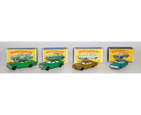 Four various boxed Matchbox 1/75 series saloon diecasts to include No. 64 MG 1100, a No. 46 Mercedes 300SE Coupe, a No. 36 Op
