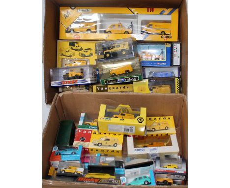 Two trays containing a quantity of various AA related modern release diecasts and associated vehicles to include a Dinky No. 