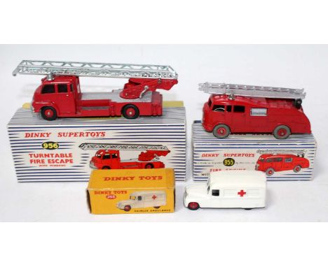 A Dinky Toys boxed and loose emergency services diecast group to include a No. 956 turntable fire escape with windows, a No. 