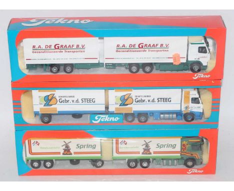 A Tekno 1/50 scale boxed rigid tractor unit and draw-bar trailer diecast group, three boxed as issued examples to include a V