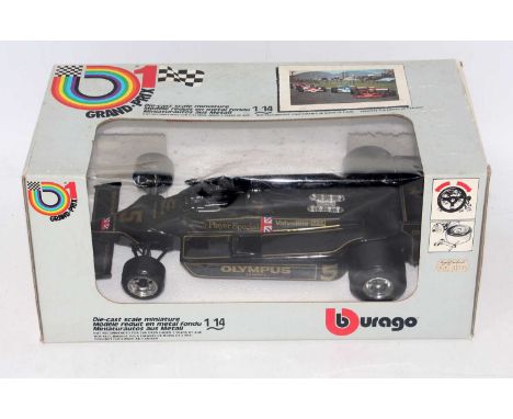 A Bburago 1/14 scale model of a Lotus JPS Mk4 1979 race car, housed in the original polystyrene packed window display box