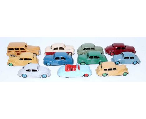 Eleven various loose Dinky Toy playworn saloons to include an Austin Somerset No. 40J finished in dark blue with light blue h