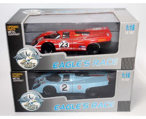 An Eagles Race Universal Hobbies 1/18 scale Porsche Racing Car diecast group, two boxed as issued examples, to include a Pors