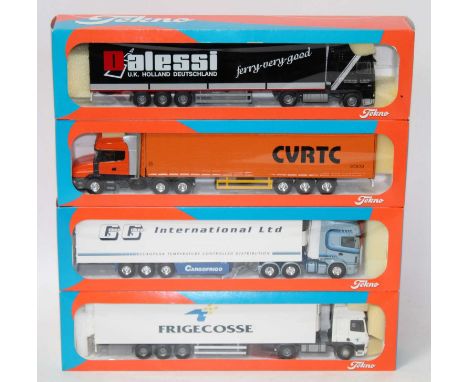A Tekno 1/50 scale boxed road transport diecast group, four examples to include a CVRTC 2003 Scania Torpedo with box trailer,
