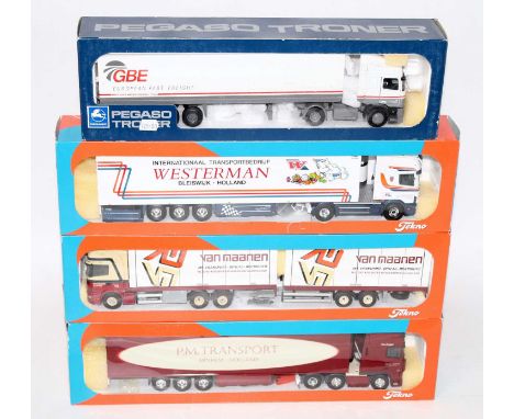 A Tekno 1/50 scale boxed road transport diecast group, four boxed examples to include a Van Maanen Scania rigid tractor unit 