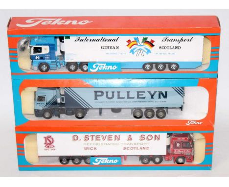 A Tekno 1/50 scale road transport diecast group, three boxed examples to include a D Stephen &amp; Sons tractor unit and refr