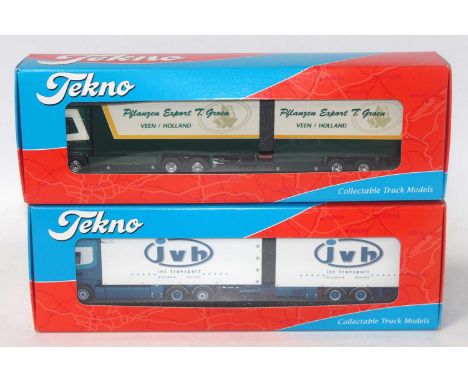 A Tekno 1/50 scale road train road haulage diecast group, two boxed examples to include a JVH International Transport Scania 