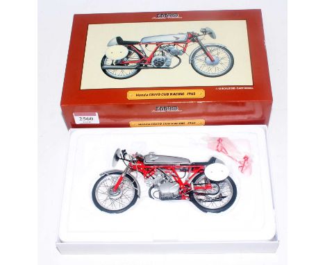 An Ebbro 1/10 scale diecast model of a Honda CR110 Cub Racing 1962 motorcycle housed in the original polystyrene packed box (