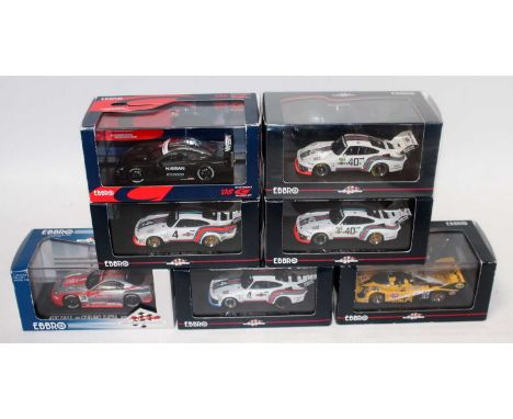 Seven various boxed Ebbro 1/43 scale diecast and resin Porsche and Nissan racing cars to include a Porsche 935 Le Mans 1976 r