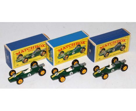 A Matchbox 1/75 series No. 19 Lotus racing car boxed group all comprising of green bodies with racing No. 3 and yellow bonnet