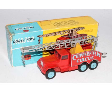 A Corgi Toys No. 1121 Chipperfields Circus crane truck comprising red and light blue body with silver jib, housed in the orig