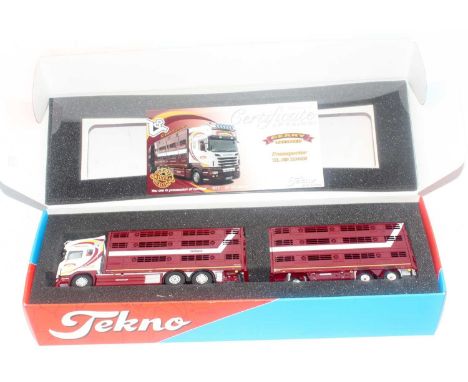 A Tekno 1/50 scale Geary livestock Scania R620 Topline Rigid with draw-bar trailer, limited edition example No. 077/150 relea