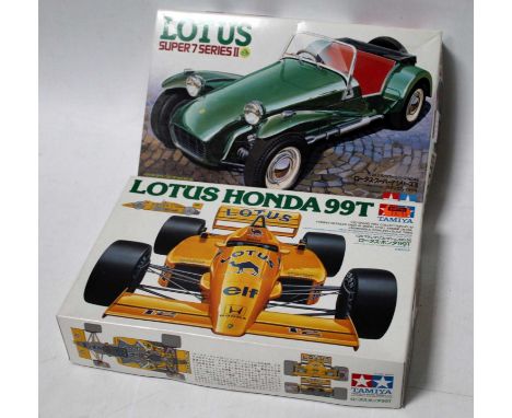 A Tamiya boxed Lotus 1/20th / 1/24th scale plastic kit group to include a Lotus Honda 99T, and a Lotus Super 7 Series 2 saloo