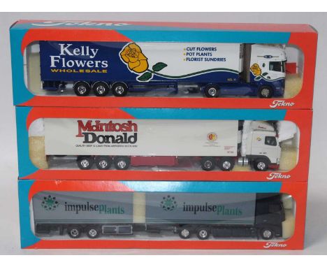 A Tekno 1/50 scale road transport diecast group to include a Kelly's Flowers Scania V8 480 tractor unit with refrigerated tra