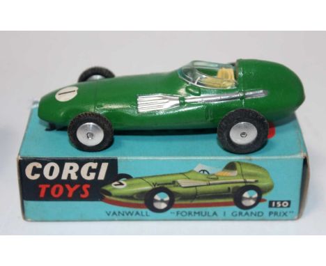 A Corgi Toys No. 150 Vanwall F1 race car comprising green body with racing No. 1 and flat spun hubs, housed in the original b