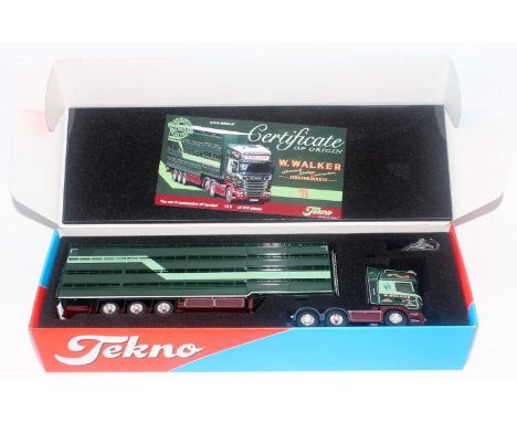 A Tekno 1/50 scale W Walker Livestock Haulage Contractors Scania R620 track unit with livestock trailer, limited edition exam