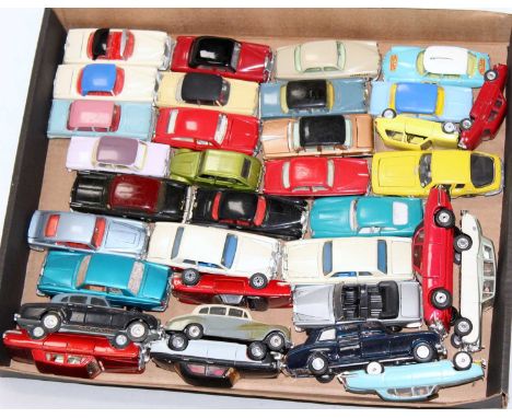 34 various playworn repainted and original diecast and plastic vehicles and accessories, to include a Spot On Jaguar Mk10, a 