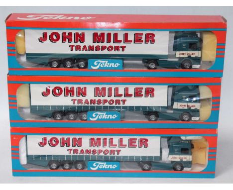 A Tekno 1/50 scale John Miller Transport road transport diecast group, three boxed various examples to include a Leyland DAF 