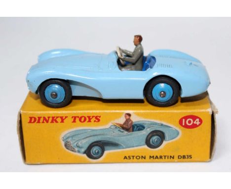 A Dinky Toys No. 104 Aston Martin DB3S comprising of light blue body with mid blue hubs and dark blue interior complete with 