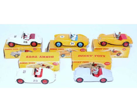 A Dinky Toys boxed open top saloon and race car diecast group, all in original card boxes (boxes require restoration or are d