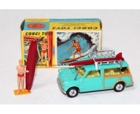 A Corgi Toys No. 485 The BMC Mini Countryman Surfing Model comprising of green body with lemon yellow interior and spun hubs 