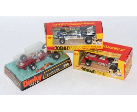 A Corgi Toys and Dinky Toys boxed F1 race car diecast group to include a No. 153 TS 9B Team Surtees, No. 150 Surtees TS 9, to