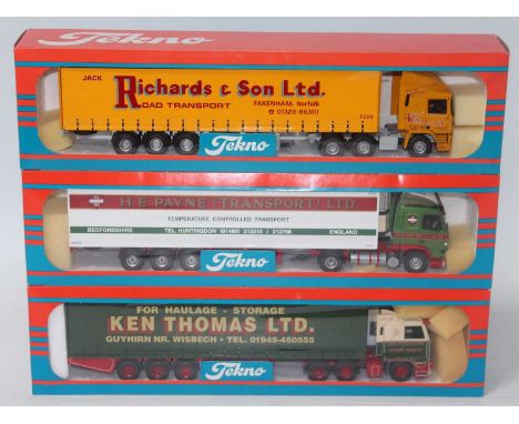 A Tekno 1/50 scale boxed road transport diecast group, three boxed examples to include a Jack Richards &amp; Sons of Norfolk 