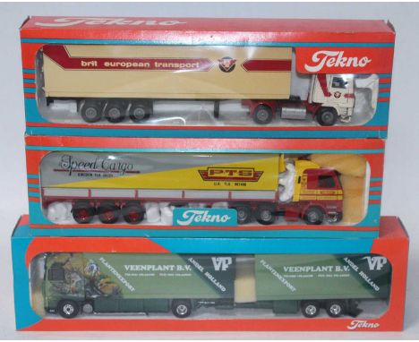 A Tekno 1/50 scale European Road Haulage diecast group to include a BET Volvo tractor unit and trailer together with a PTS Tr