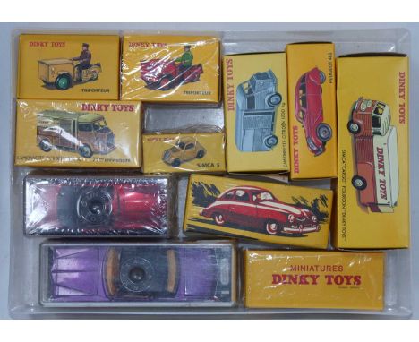 A Dinky Toys Atlas edition modern release diecast group together with Quiralu examples to include Dinky Toys Simca 5, Dinky T