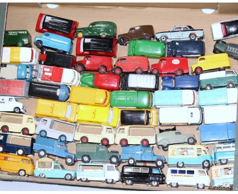 One tray containing a quantity of various playworn repainted and original Dinky Toy, Tekno, and Corgi commercial vehicles and