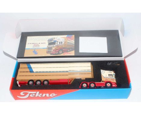 A Tekno 1/50 scale JM Bell &amp; Son of Bagby, Scania R620 Topline tractor unit with livestock trailer, limited edition examp