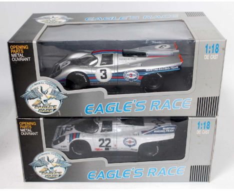 An Eagles Race Universal Hobbies 1/18 scale boxed Porsche racing car group to include a Porsche 917K No. 22 Martini Racing Te