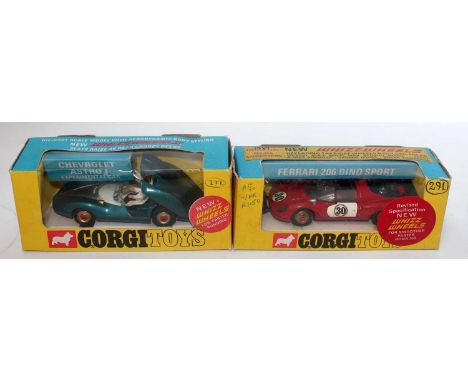 A Corgi Toys boxed race car diecast group, two boxed examples to include a No. 344 Ferrari 206 Dino Sport, together with a No