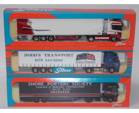 A Tekno 1/50 scale road transport diecast group to include an MGT International Transport Scania Topline 580 tractor unit wit