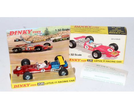 A Dinky Toys No. 225 Lotus Formula 1 racing car finished in red, blue and yellow, with driver figure, complete in the origina