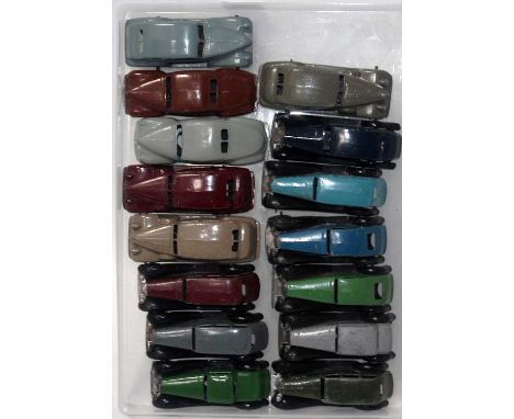 One tray containing 16 various mainly 30 Series Dinky Toy playworn and repainted saloons and emergency vehicles to include a 