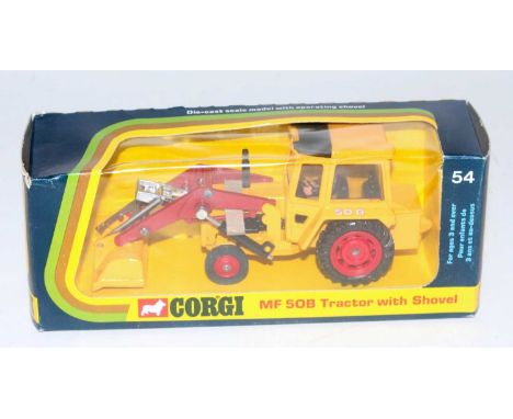 A Corgi Toys No. 54 MF50B tractor with shovel comprising yellow body with red plastic hubs and driver figure, housed in the o