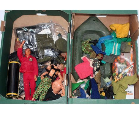 Two trays containing a quantity of vintage Action Man related items to include various dolls, military equipment, a 6 Million