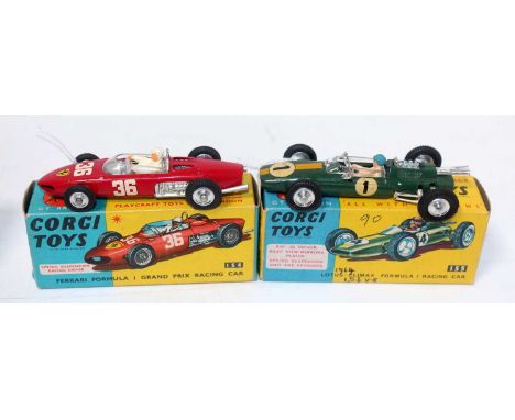 A Corgi Toys boxed racing car diecast group to include No. 154 Ferrari F1 Grand Prix car, finished in red with racing No. 36,