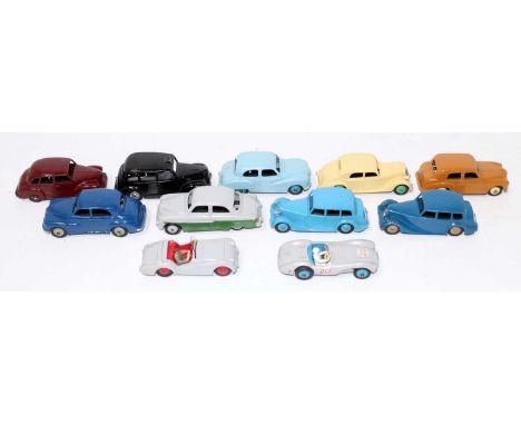 Eleven various loose Dinky Toy playworn and repainted diecast vehicles to include No. 25S Austin taxi, a No. 40A Riley saloon