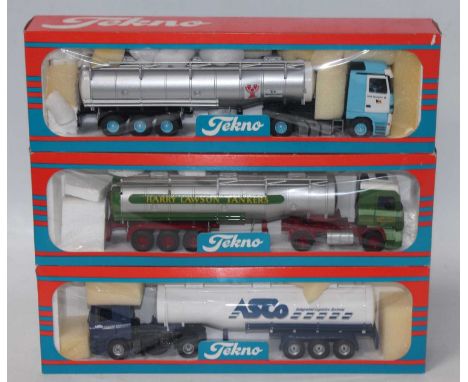 A Tekno 1/50 scale road haulage tanker diecast group to include an Asco DAF tractor unit and tanker trailer together with a H