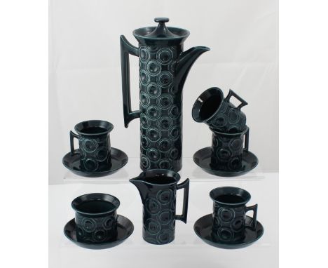 A Portmeirion retro Jupiter Lepe coffee service comprising coffee pot, six cups and saucers and milk jug.